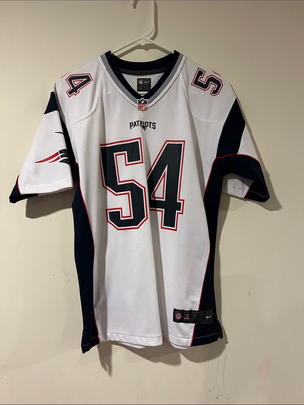 Nike Patriots #54 White and Navy Football Jersey